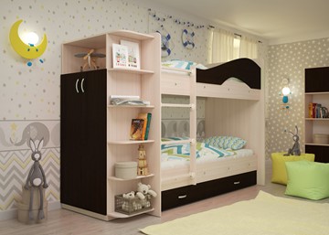 Детская кровать для девочки Мая на щитах со шкафом и ящиками, корпус Млечный дуб, фасад Венге в Вологде