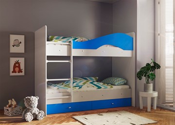 Двухъярусная кровать ТМК Мая с 2 ящиками на щитах, корпус Млечный дуб, фасад Синий в Вологде