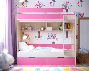 Детская двухъярусная кровать Юниор-5, каркас Дуб, фасад Розовый в Вологде