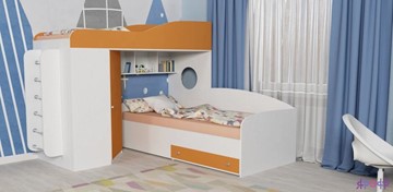 Детская кровать для мальчика Кадет-2 с металлической лестницей, корпус Белое дерево, фасад Оранжевый в Вологде