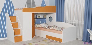 Кровать-чердак детская Кадет-2 с универсальной лестницей, корпус Белое дерево, фасад Оранжевый в Вологде