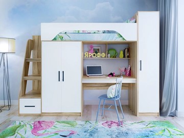 Детская кровать-чердак с шкафом Тея, каркас Ясень, фасад Белый в Вологде
