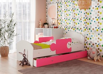 Детская кровать с ящиком и бортиками ТМК Мозайка, корпус Белый/фасад Розовый (щиты) в Вологде