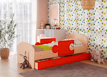 Детская кровать с ящиком и бортиками ТМК Мозайка, корпус Млечный дуб/фасад Оранжевый (ламели) в Вологде