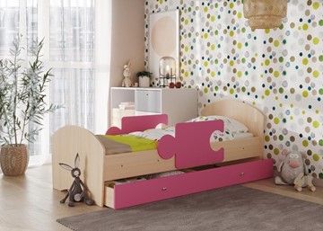 Детская кровать с ящиком и бортиками Мозайка, корпус Млечный дуб/фасад Розовый (ламели) в Вологде