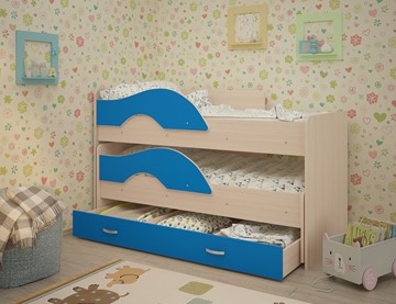 Детская 2-этажная кровать Радуга 1.6 с ящиком, корпус Млечный дуб, фасад Синий в Вологде