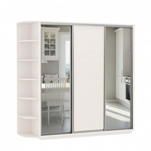 Шкаф 3-дверный Е1 Экспресс (Зеркало/ДСП/Зеркало) со стеллажом, 2100х600х2400, белый снег в Вологде