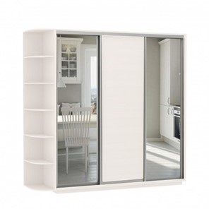 Шкаф 3-створчатый Е1 Экспресс (Зеркало/ДСП/Зеркало) со стеллажом, 2400х600х2400, белый снег в Вологде