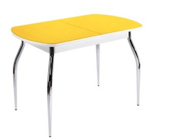 Кухонный стол раздвижной ПГ-07 СТ2, белое/желтое стекло/35 хром гнутые металл в Вологде