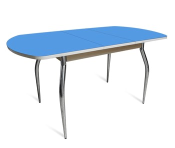 Кухонный раздвижной стол ПГ-02 СТ2, дуб молочный/синие стекло/35 хром гнутые металл в Вологде