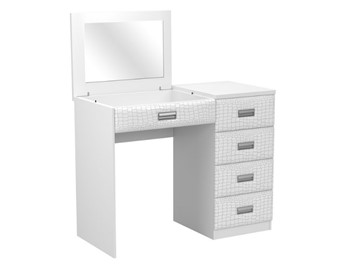 Косметический стол Como/Veda, с зеркалом, 4 ящика, правый, ЛДСП белый/Экокожа кайман белый в Вологде