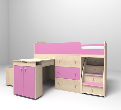 Кровать-чердак детская Малыш 1600, корпус Дуб, фасад Розовый в Вологде - изображение
