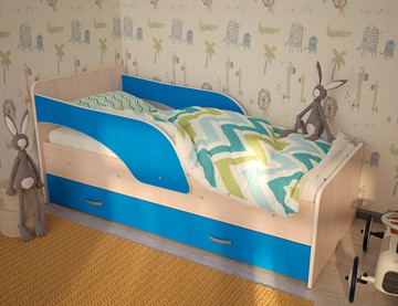 Детская кровать с ящиками Максимка, корпус Млечный дуб, фасад Синий в Вологде