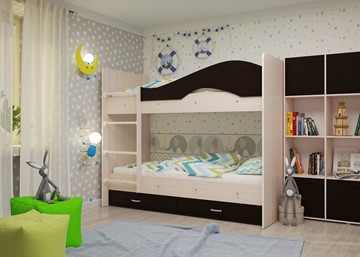 Детская  двухъярусная кровать Мая с 2 ящиками на щитах, корпус Млечный дуб, фасад Венге в Вологде - предосмотр 1