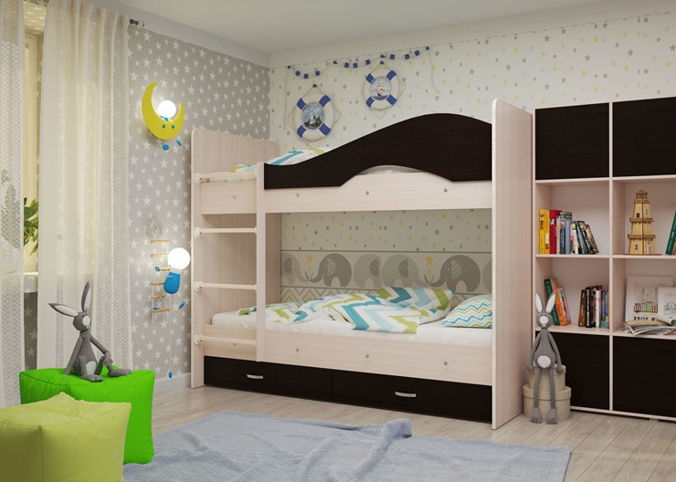 Детская  двухъярусная кровать Мая с 2 ящиками на щитах, корпус Млечный дуб, фасад Венге в Вологде - изображение 1