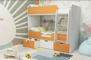 Детская 2-х ярусная кровать Малыш двойняшка 70х160, корпус Белое дерево, фасад Оранжевый в Вологде - предосмотр