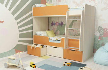Кровать двухъярусная Малыш двойняшка 70х160, корпус Дуб молочный, фасад Оранжевый в Вологде - предосмотр