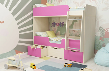 Детская 2-этажная кровать Малыш двойняшка 70х160, корпус Дуб молочный, фасад Розовый в Вологде - предосмотр