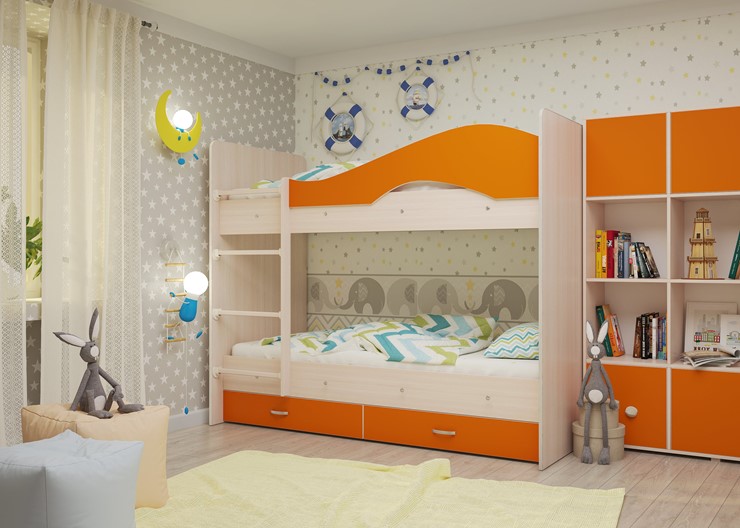 Детская 2-ярусная кровать Мая на щитах, корпус Млечный дуб, фасад Оранжевый в Вологде - изображение 1