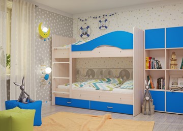 Двухэтажная детская кровать Мая на щитах со шкафом и ящиками, корпус Млечный дуб, фасад Синий в Вологде - предосмотр 2