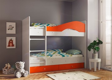 Детская 2-х ярусная кровать Мая с 2 ящиками на щитах, корпус Млечный дуб, фасад Оранжевый в Вологде - предосмотр