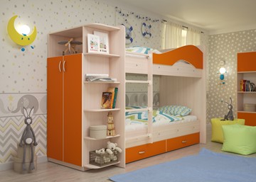 Детская 2-х ярусная кровать Мая с 2 ящиками на щитах, корпус Млечный дуб, фасад Оранжевый в Вологде - предосмотр 1