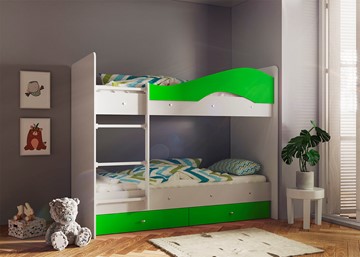 Двухъярусная детская кровать Мая с 2 ящиками на щитах, корпус Млечный дуб, фасад Салатовый в Вологде - предосмотр
