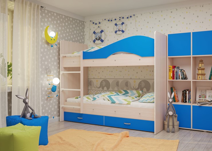 Двухъярусная кровать Мая с 2 ящиками на щитах, корпус Млечный дуб, фасад Синий в Вологде - изображение 3