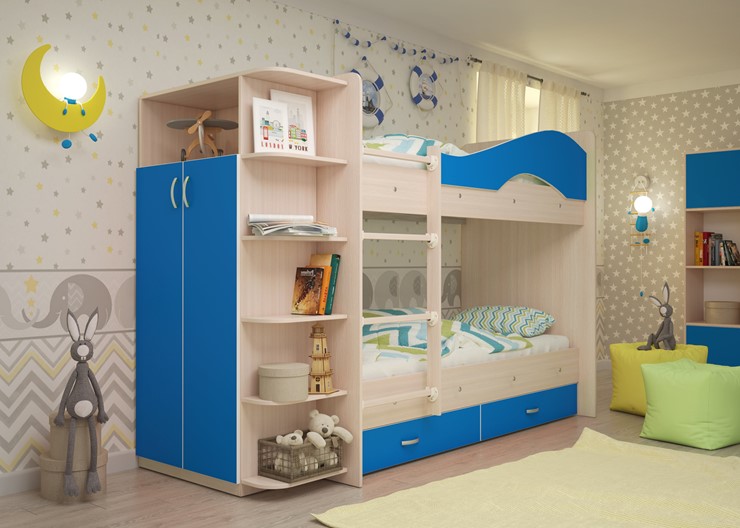 Двухъярусная кровать Мая с 2 ящиками на щитах, корпус Млечный дуб, фасад Синий в Вологде - изображение 1