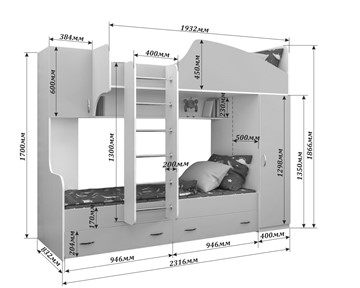 Двухэтажная кровать Юниор-2, каркас Белое дерево, фасад Лазурь в Вологде - предосмотр 1