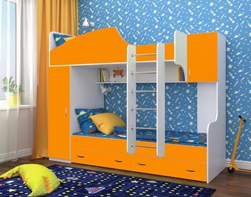 Детская 2-ярусная кровать Юниор-2, каркас Белое дерево, фасад Оранжевый в Вологде - предосмотр