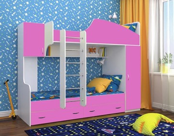 Двухэтажная детская кровать Юниор-2, каркас Белое дерево, фасад Розовый в Вологде