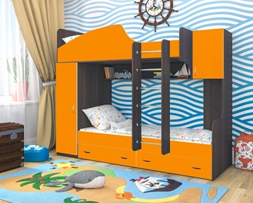 Двухэтажная детская кровать Юниор-2, каркас Ясень анкор темный, фасад Оранжевый в Вологде - предосмотр