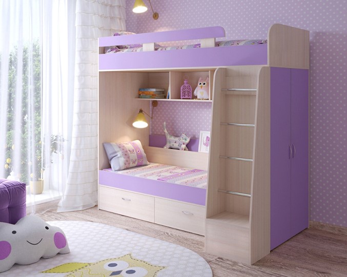 Детская 2-этажная кровать Юниор-6, каркас Дуб молочный, фасад Ирис в Вологде - изображение 1