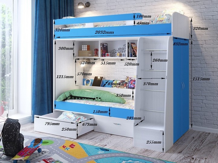 Детская 2-этажная кровать Юниор-6, каркас Дуб молочный, фасад Ирис в Вологде - изображение 2