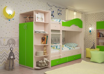 Детская двухэтажная кровать Мая на щитах со шкафом и ящиками, корпус Млечный дуб, фасад Салатовый в Вологде - предосмотр