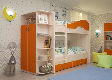 Детская 2-этажная кровать Мая на щитах со шкафом и ящиками, корпус Млечный дуб, фасад Оранжевый в Вологде - предосмотр