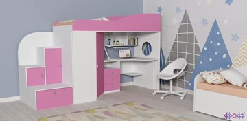 Детская кровать-чердак Кадет-1, корпус Белое дерево, фасад Розовый в Вологде - предосмотр