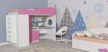 Кровать-чердак детская Кадет-1 с металлической лестницей, корпус Белое дерево, фасад Розовый в Вологде - предосмотр