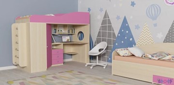 Детская кровать-чердак Кадет-1 с металлической лестницей, корпус Дуб, фасад Розовый в Вологде - предосмотр