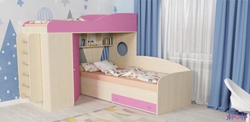 Детская кровать-чердак Кадет-2 с металлической лестницей, корпус Дуб, фасад Розовый в Вологде - предосмотр