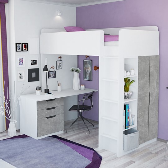 Кровать 2-х ярусная с письменным столом и шкафом POLINI Kids Simple Белый / Бетон в Вологде - изображение 1