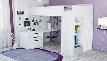 Кровать 2-х ярусная с письменным столом и шкафом POLINI Kids Simple Белый в Вологде - предосмотр 1