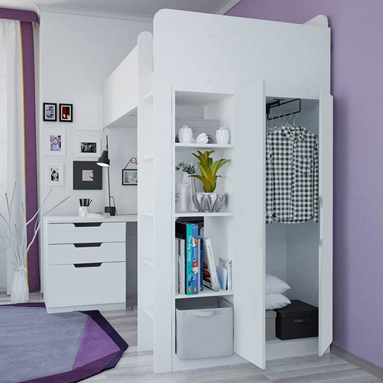 Кровать 2-х ярусная с письменным столом и шкафом POLINI Kids Simple Белый в Вологде - изображение 3