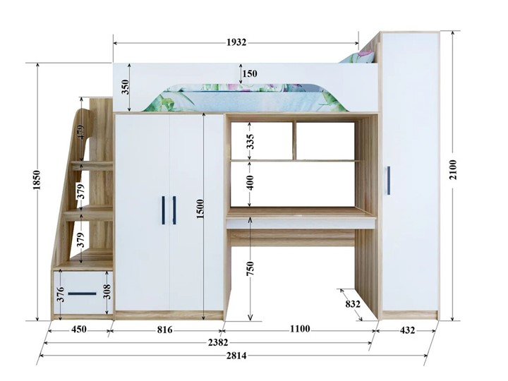 Кровать-чердак с шкафом Тея, каркас Ясень, фасад Феритейл в Вологде - изображение 2