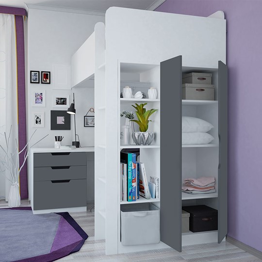 Кровать детская с письменным столом и шкафом POLINI Kids Simple Белый / Серый в Вологде - изображение 1