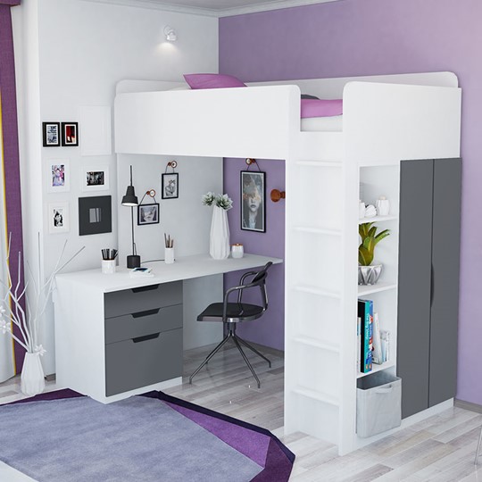 Кровать детская с письменным столом и шкафом POLINI Kids Simple Белый / Серый в Вологде - изображение 3