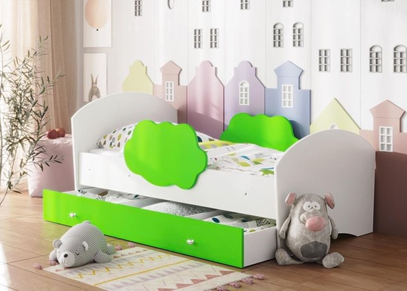 Детская кровать с бортиками Тучка с ящиком, корпус Белый, фасад Лайм в Вологде - изображение
