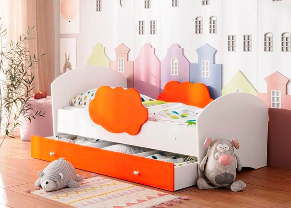 Кровать с бортиками Тучка с ящиком, корпус Белый, фасад Оранжевый в Вологде - изображение
