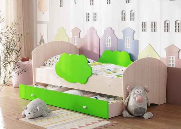 Детская кровать с бортиками Тучка с ящиком, корпус Дуб млечный, фасад Лайм в Вологде - изображение
